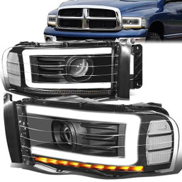 02-05 Dodge Ram LED DRL+Sequential Turn Signal Projector Headlights - Black Housing Clear Corner