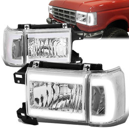 87-91 Ford F150 F250 F350 Bronco LED DRL Headlights - Chrome Housing Clear Corner