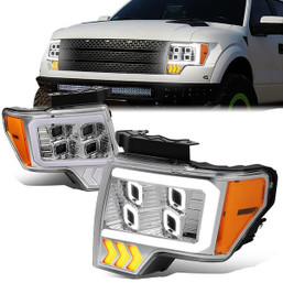 09-14 Ford F150 LED DRL+Turn Signal Quad Projector Headlights - Chrome Housing Amber Corner