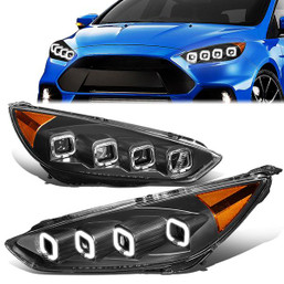 15-18 Ford Focus LED Sequential Turn Signal Projector Headlights - Black Housing Amber Corner