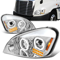 08-17 Freightliner Cascadia LED Dual Halo Projector Headlights - Chrome Housing