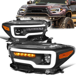 16-20 Toyota Tacoma LED DRL+Sequential Turn Signal Projector Headlight - Black Housing Amber Corner