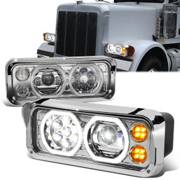 81-19 Freightliner Kenworth Peterbilt Full LED Halo DRL+Turn Signal Projector Headlights - Chrome
