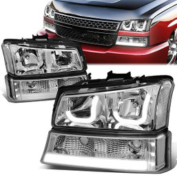 03-06 Chevy Silverado Avalanche Double J-Shaped LED DRL Headlights+ Bumper Lamps (Chrome Housing)