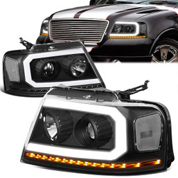 04-08 Ford F-150 Lincoln Mark LT LED DRL Sequential Turn Signal Projector Headlights - Black/ Clear