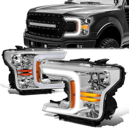 18-20 Ford F-150 LED DRL Sequential Turn Signal Headlights - Chrome Housing Amber Side