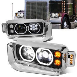 81-21 Peterbilt 359 379 389 LED DRL+Turn Signal Projector Headlights - Black Housing