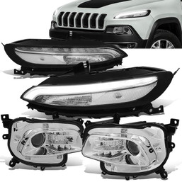 14-18 Jeep Cherokee KL LED DRL Turn Signal Projector Headlights - 4Pcs - Chrome Housing Clear Corner