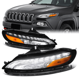 14-18 Jeep Cherokee KL LED DRL+Turn Signal Headlights - Chrome Housing Amber Corner