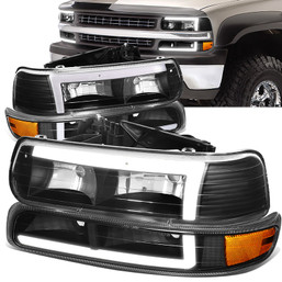 99-02 Chevy Silverado 1500 2500 LED DRL Headlights - Black Housing Amber Corner