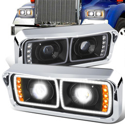 81-19 Freightliner Kenworth Peterbilt Western LED DRL Projector Headlights w/Turn Signal - Black Housing Clear Corner