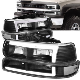 99-02 Chevy Silverado 1500 2500 LED DRL Headlights - Black Housing Clear Corner