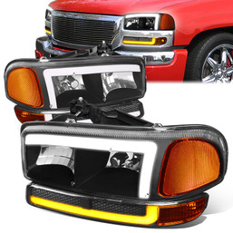 99-06 GMC Sierra 1500 2500 3500 Yukon Switchback LED DRL+Turn Signal Headlight - Black Housing Amber Corner