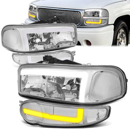 01-06 GMC Sierra 1500 Yukon Denali Switchback LED DRL+Signal Headlight - Chrome Housing Clear Corner