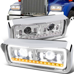 81-19 Kenworth W900 Western Star 4800 LED DRL+Sequential Signal Projector Headlights - Chrome Housing