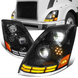 03-17 Volvo VN VNL VNM VNX LED DRL+Turn Signal Headlights - Black Housing