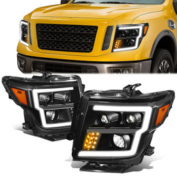 16-22 Nissan Titan XD LED DRL Projector Headlights - Black Housing Amber Corner
