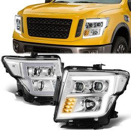 16-22 Nissan Titan XD LED DRL Projector Headlights - Chrome Housing Clear Corner