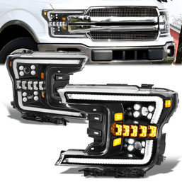 18-20 Ford F150 LED DRL Sequential Signal Switchback Projector Headlights - Black Housing
