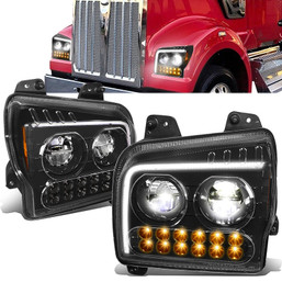 19-22 Kenworth W990 LED DRL Sequential Turn Signal Headlights - Black Housing