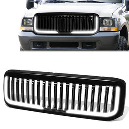 99-04 Ford F250 F350 F450 F550 Super Duty Front Grille+LED Bar - Vertical Fence Style - Black 99-04 Ford F250 F350 F450 F550 Super Duty Front Grille+LED Bar - Vertical Fence Style - Black