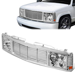 94-00 Chevy GMC C/K 1500 2500 3500 Chrome Housing Headlights+Silver Front Grille 94-00 Chevy GMC C/K 1500 2500 3500 Chrome Housing Headlights+Silver Front Grille