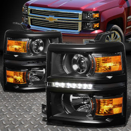 FOR 2014-2015 CHEVY SILVERADO BLACK AMBER PROJECTOR HEADLIGHT/LAMP W/LED DRL