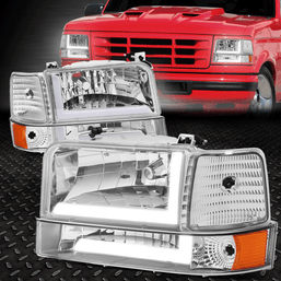 [DUAL L-LED DRL]FOR 92-96 FORD F150-F350 6PCS HEADLIGHT BUMPER LAMP CHROME/AMBER
