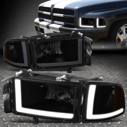 [DUAL L-LED DRL]FOR 94-02 DODGE RAM 1500 2500 3500 HEADLIGHT BLACK/SMOKED/AMBER
