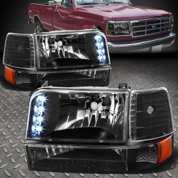 BLACK LED HEADLIGHT+AMBER CORNER+WHITE LED 9007 HID+FAN FOR 92-96 F150/F250/350