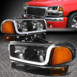 FOR 99-07 GMC SIERRA/YUKON LED DRL BLACK AMBER HEADLIGHTS W/BUMPER SIGNAL LAMPS