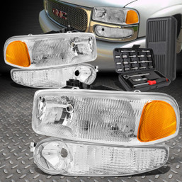 FOR 01-07 GMC SIERRA YUKON XL CHROME HOUSING HEADLIGHTS BUMPER LAMPS+TOOL SET