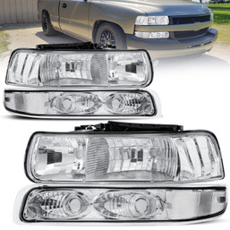 2X Chrome Headlights & Bumper Lamps For 99-02 Chevy Silverado 1500 00-06 Tahoe