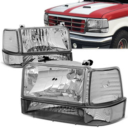 92-96 Ford F150 F250 F350 Bronco Headlights+Bumper Lamp - Chrome Housing Clear Corner
