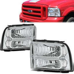 05-07 Ford F250 F350 F450 F550 Super Duty Headlights - Chrome Housing Clear Corner