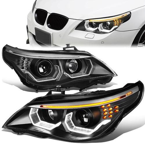 04-07 BMW E60 525i 530i 530xi 545i 550i LED U-Halo+Signal Projector Headlights - Black