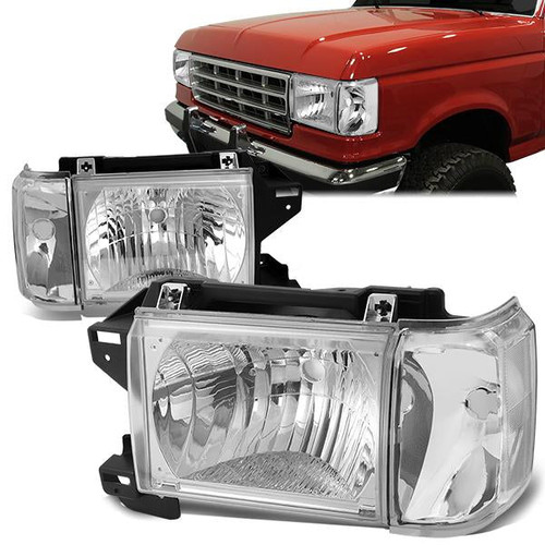 87-91 Ford F150 F250 F350 Bronco Headlights - Chrome Housing Clear Corner
