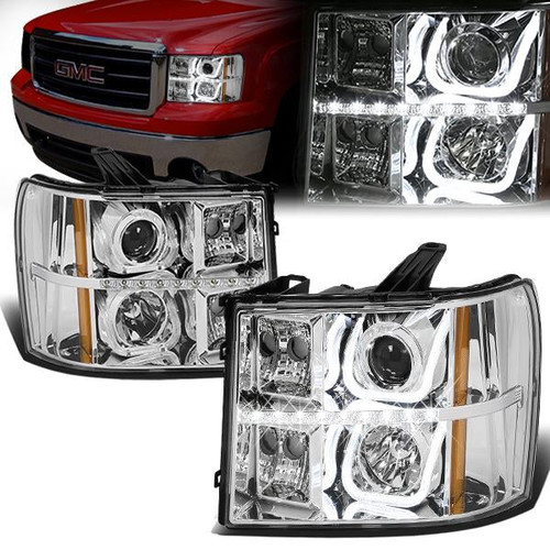 07-14 GMC Sierra 1500 2500 3500 LED DRL Projector Headlights - Chrome Housing Amber Corner