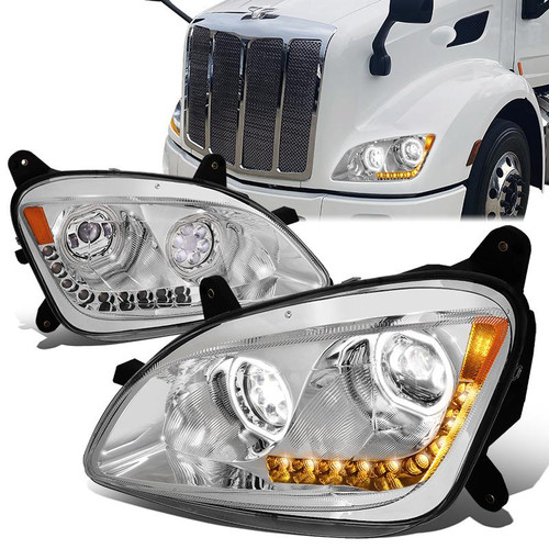13-20 Peterbilt 579 11-18 587 LED DRL+Sequential Turn Signal Projector Headlights - Chrome Housing