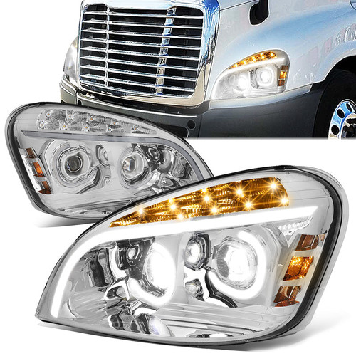 08-17 Freightliner Cascadia LED DRL+Turn Signal Projector Headlights - Chrome Housing