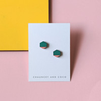 Hexagon Wood Studs / Green + Pink