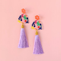Flower Arch Statement Tassel Earrings / Lavender