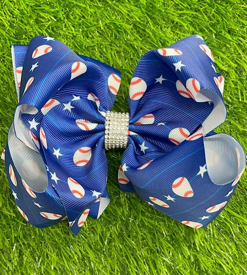 7.5" Baseballs Navy Rhinestone Hairbow