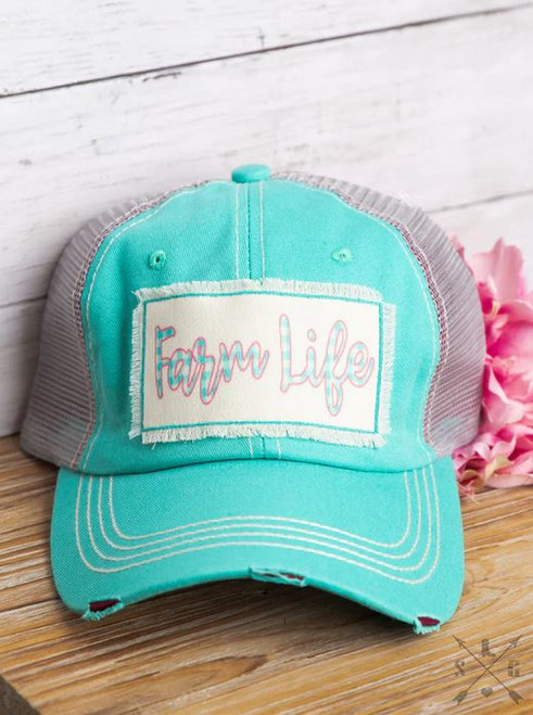 Farm Life Distressed Turquoise Mesh Hat