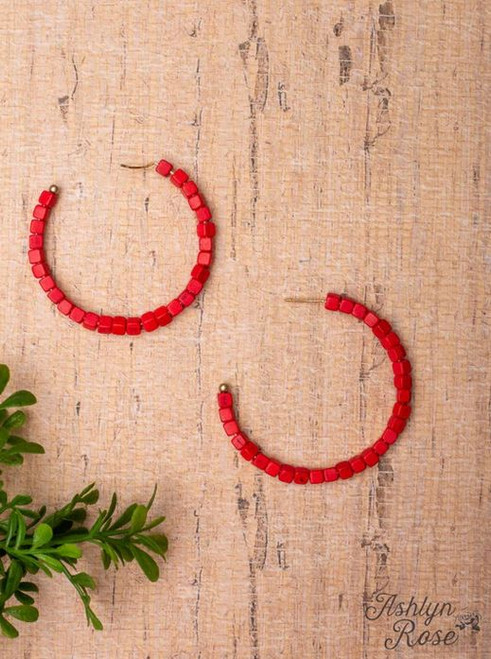 Red Square Beaded Hoop Earrings