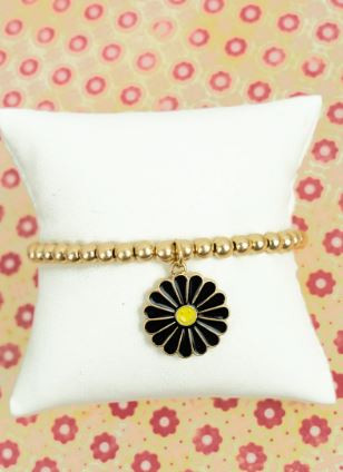 Black Flower Smiley Beaded Bracelet