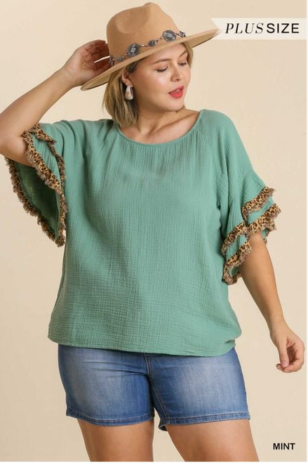 Umgee Mint Leopard Layered Ruffle Sleeves Plus Top
