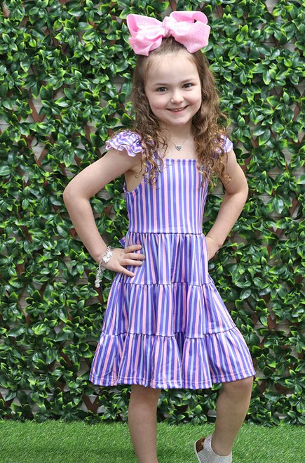 Girls' Blue & Pink Stripe Flutter Sleeves Dress