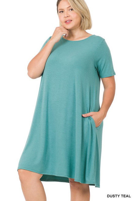 Dusty Teal Short-sleeve Plus Flare Dress
