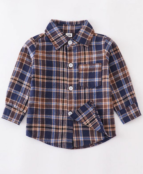 Boys' Blue & Beige Plaid Flannel Shirt